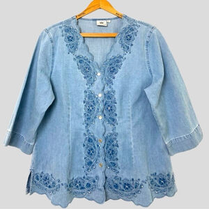 Lafei-Nier Western Denim Chambray Embroidered Top Women’s L Rhinestone Blouse
